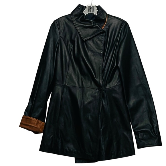 Old Florence Trench Jacket Italian Soft VERA PELLE Leather Black Brown Sz EU 44 - Picture 2 of 16